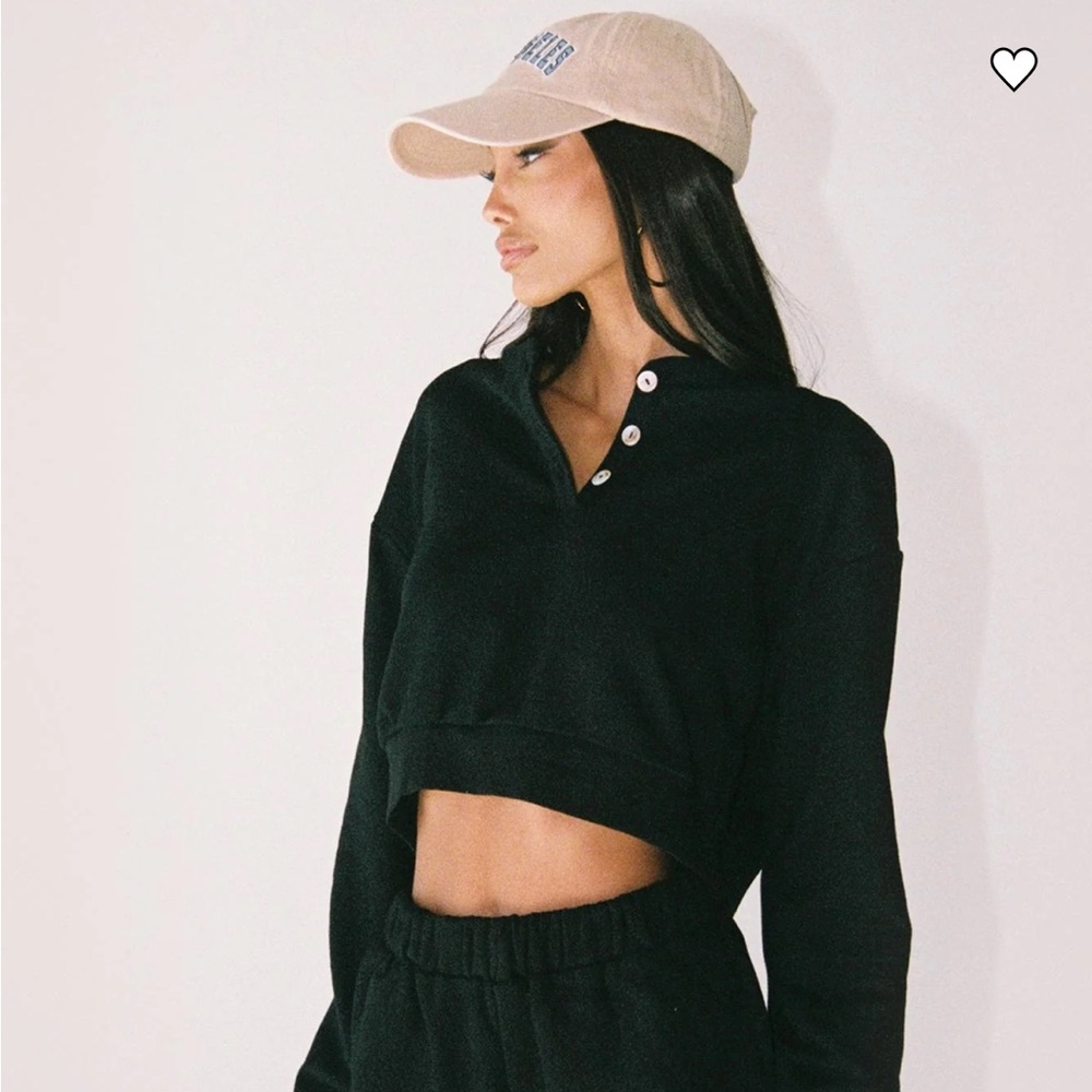 Princess Polly Rise & Lounge Cropped Henley Sweatshirt Black 4